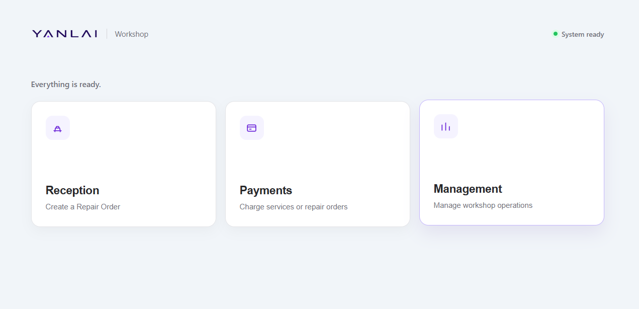 Yanlai Workshop home screen showing Reception, Payment and Management modules